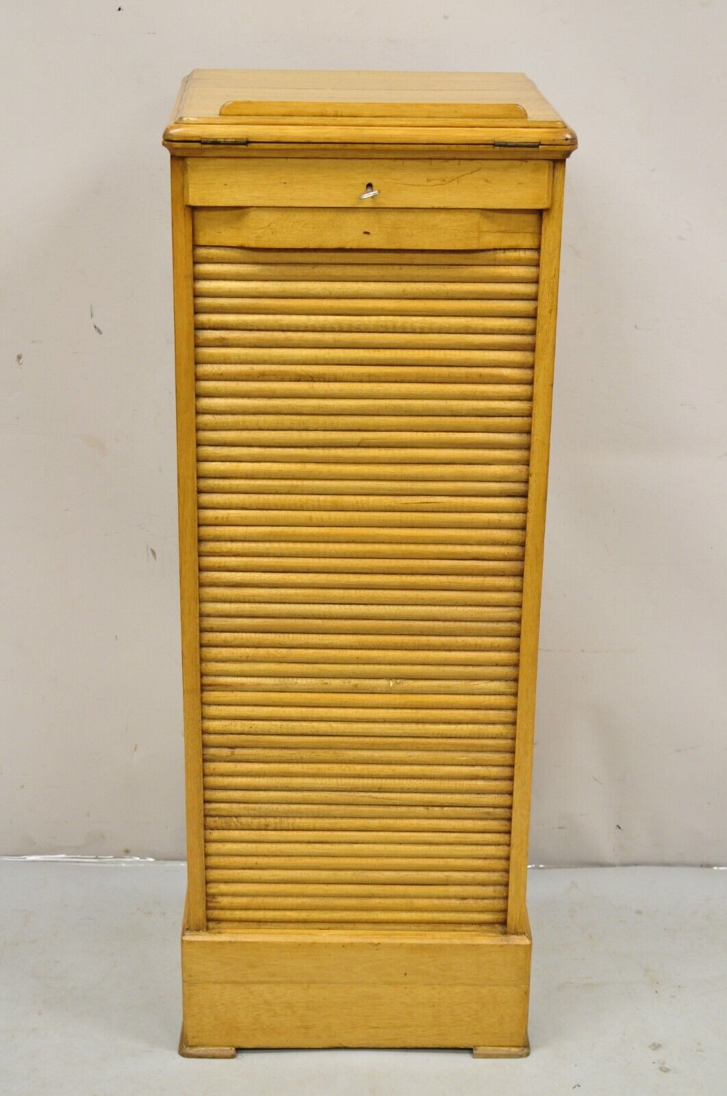 Antique Arts & Crafts Oak & Maple Wood Tambour Shutter Door Filing Cabinet