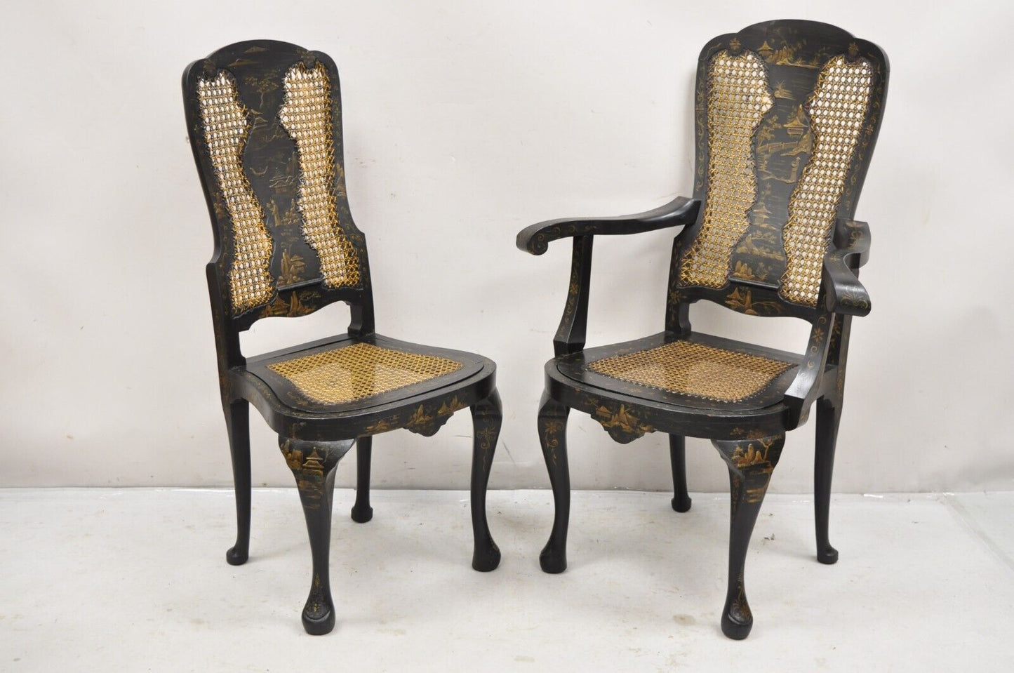 Antique Chinoiserie Queen Anne Hand Painted Floral Cane Dining Chairs - Set of 4