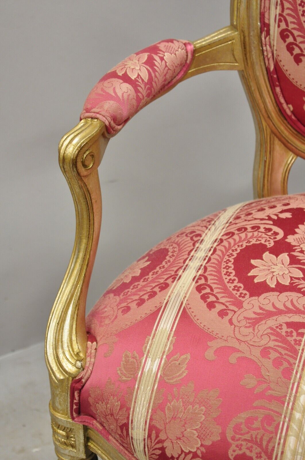 French Louis XVI Style Silver Gold Gilt Pink Damask Oval Back Arm Chairs - Pair