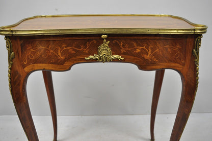 French Louis XV 2 Drawer Inlaid Table & Green Leather by C. Mellier & Co London