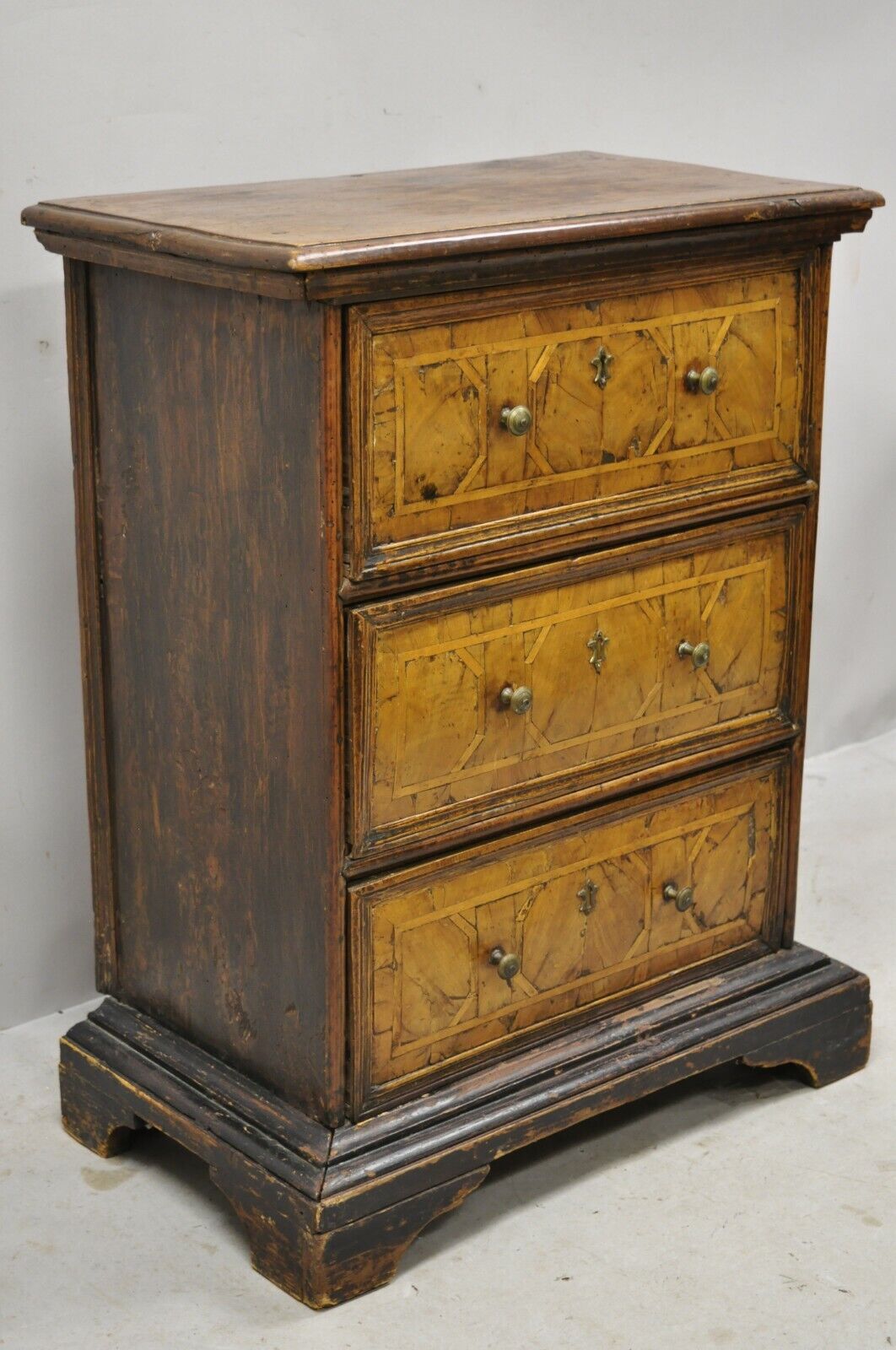 19th Century Italian Marquetry Inlay Walnut 3 Drawer Commode Chest Nightstand