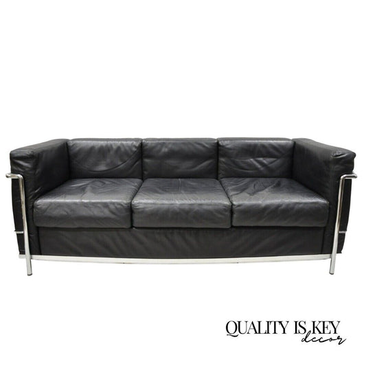 Vintage Le Corbusier LC2 Style Black Leather Mid Century 3 Seat Chrome Sofa