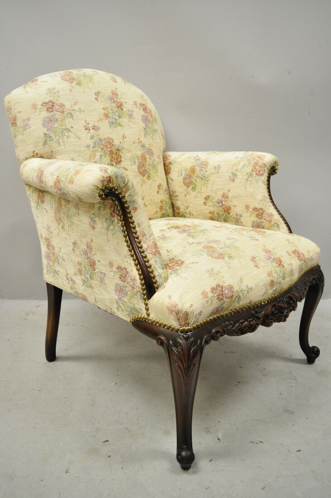 Antique Victorian French Carved Mahogany Upholstered Bergere Lounge Arm Chair