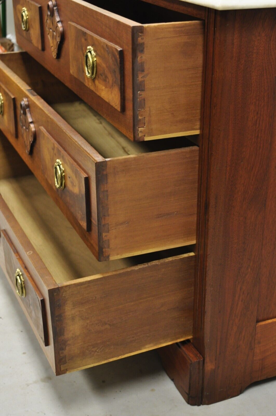 Eastlake Victorian White Marble Top Burl Walnut 3 Drawer Commode Dresser Chest