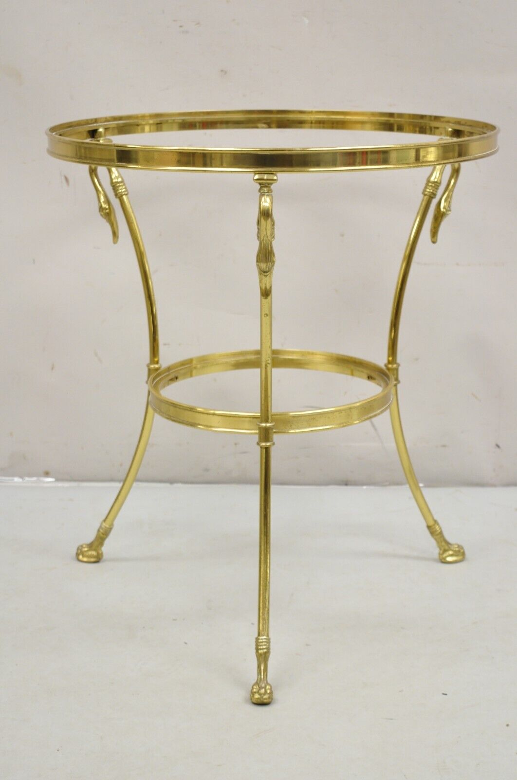 Italian Hollywood Regency Brass Swan Tripod 2 Tier Round Occasional Side Table