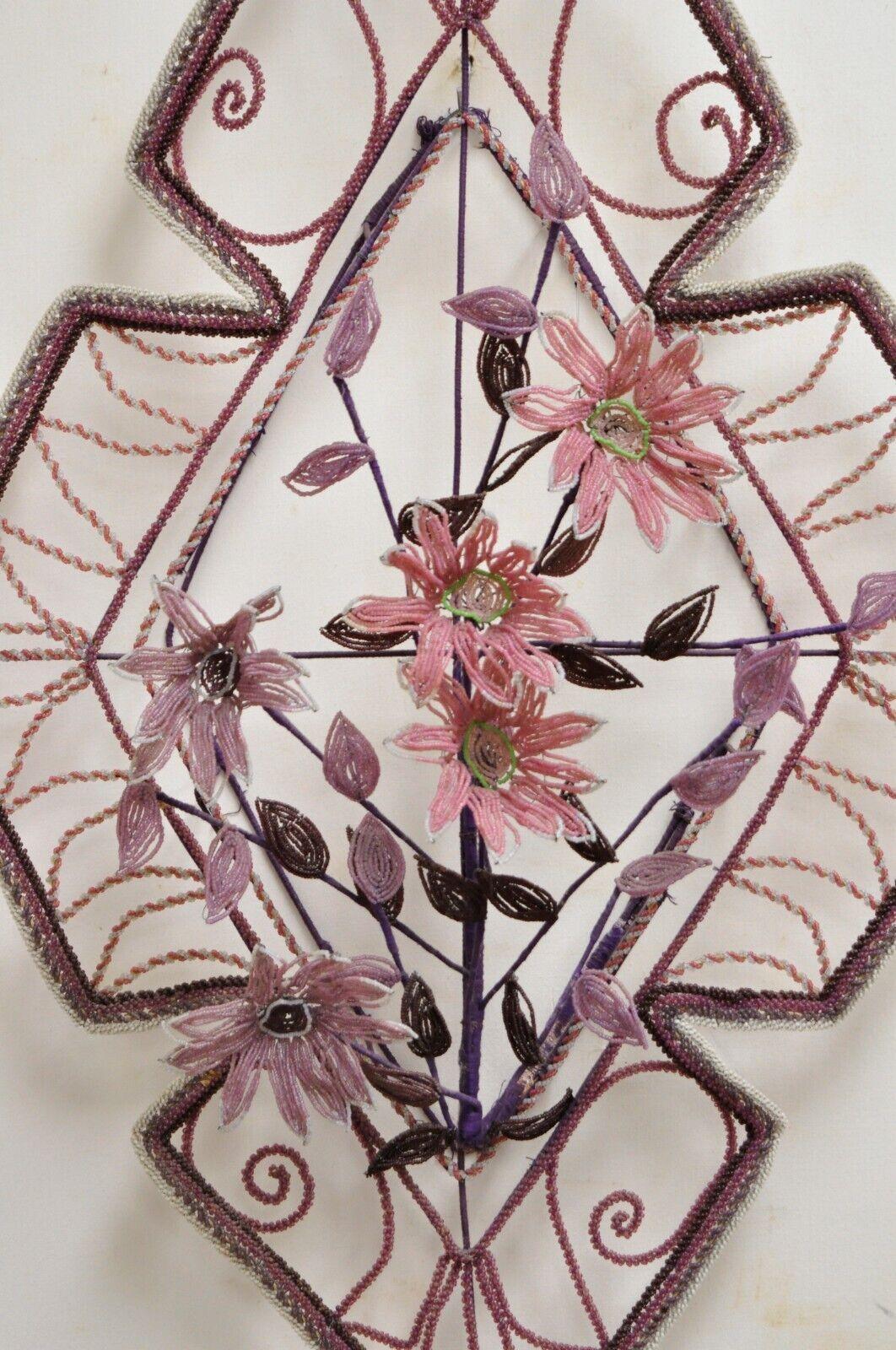 French Victorian Glass Beaded Purple Flower Casket Wreath Wall Sculpture (B)