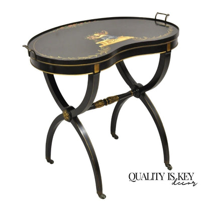 Vintage Imperial Furniture Regency Black Hand Painted Curule Kidney Side Table