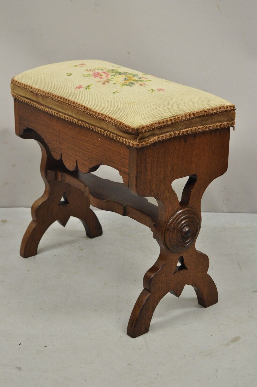 Antique Eastlake Victorian Carved Walnut Stool Bench with Needlepoint Seat