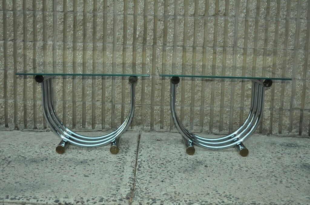 Vintage Mid Century Modern Chrome Brass Glass End Tables Romeo Rega Style a Pair