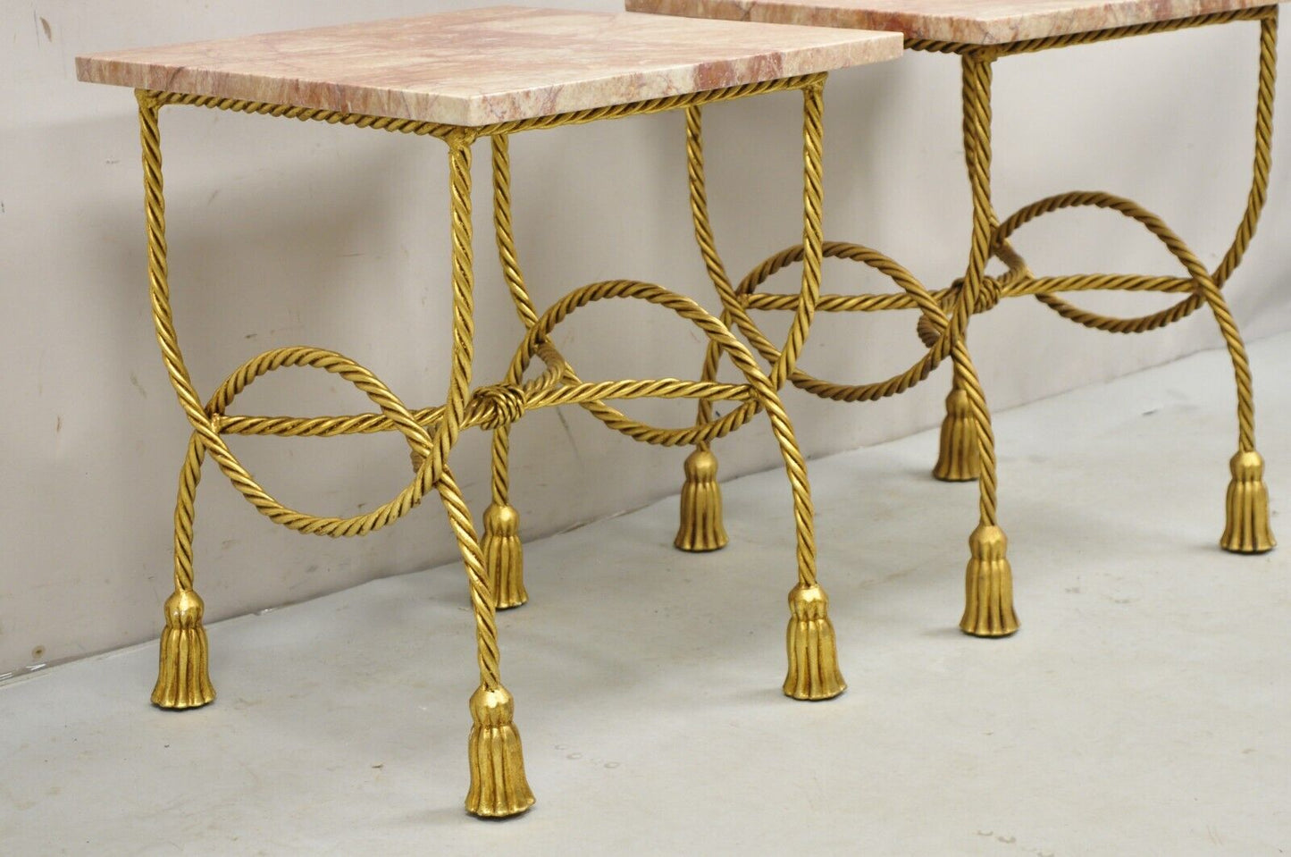 Italian Hollywood Regency Gold Iron Rope Tassel Rouge Marble Top Side Table Pair