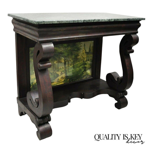 19th Century American Empire Mahogany Green Marble Top Console Hall Table