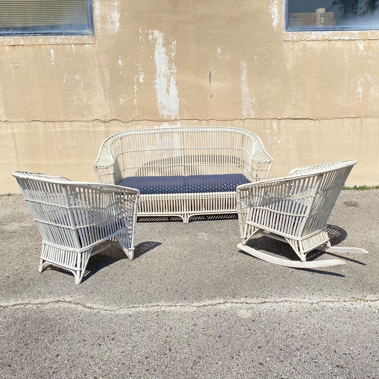 Antique Victorian Wicker Rattan Bentwood Sculptural Sunroom Sofa Set with Chairs