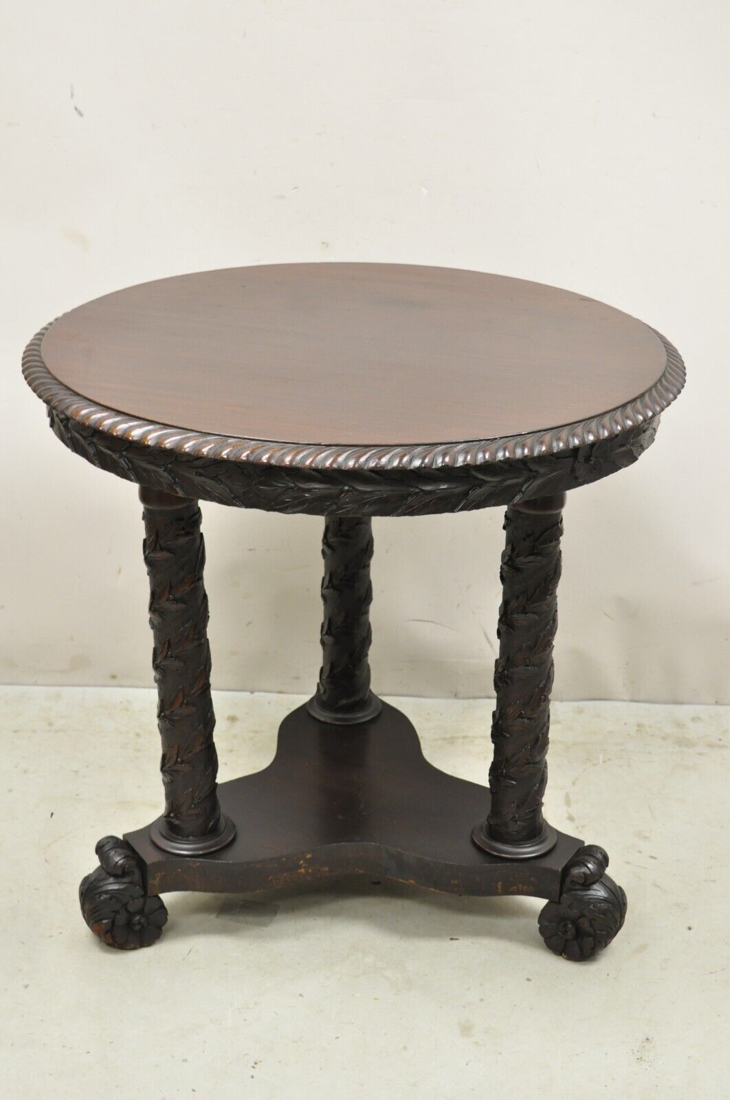 Antique American Empire Floral Spiral Carved Mahogany Round Library Center Table