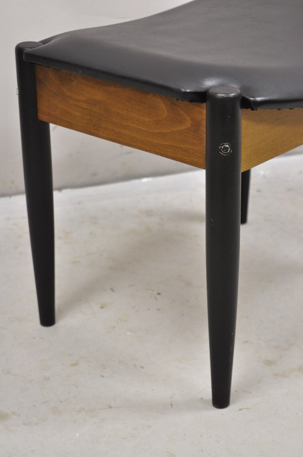 Norco Mid Century Modern Sculpted Footstool Ottoman Tapered Leg Black Vinyl Seat