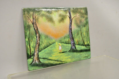 Dom Dominic Mingolla Enamel on Copper Girl in Green Forest and Tall Trees 8 x 10