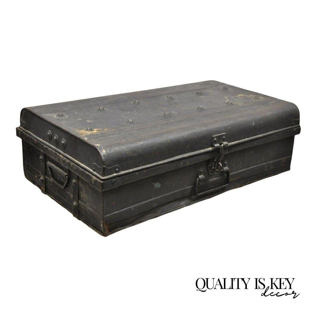 Antique Art Deco Steel Metal Military Weapons Black Storage Travel Trunk