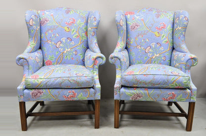 Vintage English Edwardian Style Mahogany Blue Floral Wingback Chairs - a Pair