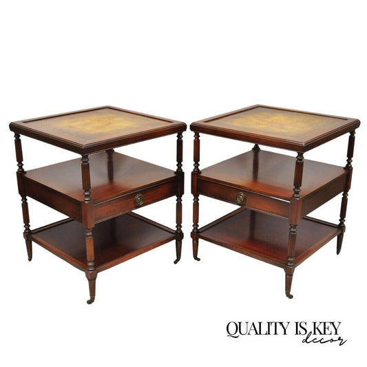 Vintage Georgian Style 3 Tier Leather Top Mahogany End Tables w/ Drawer - a Pair