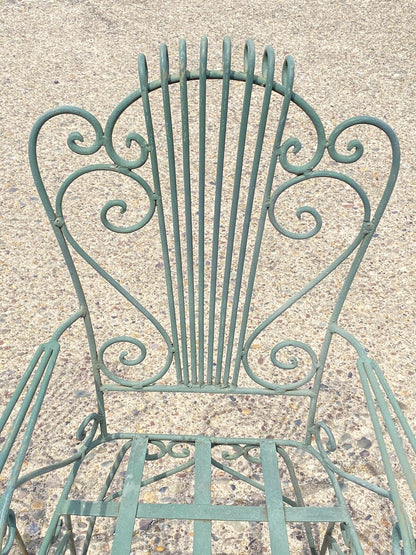Vintage Neoclassical Style Green Wrought Iron Lyre Harp Garden Chairs - Set of 4
