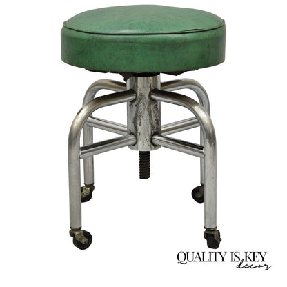 Antique American Industrial Metal Green Vinyl Rolling Work Stool Seat