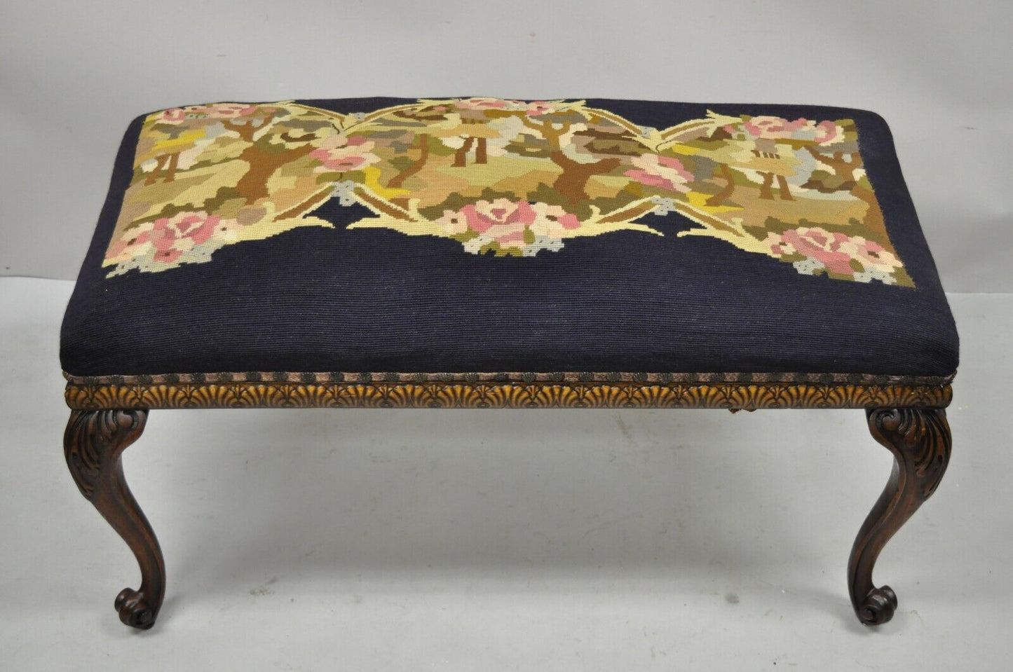 Antique French Victorian Needlepoint Carved Cabriole Leg Mahogany Bench