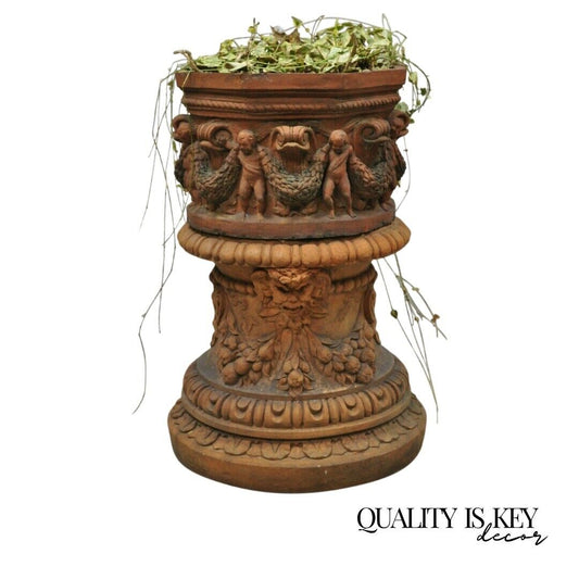 Antique Classical Terracotta Garden Pedestal Planter Pot with Cherub Figures