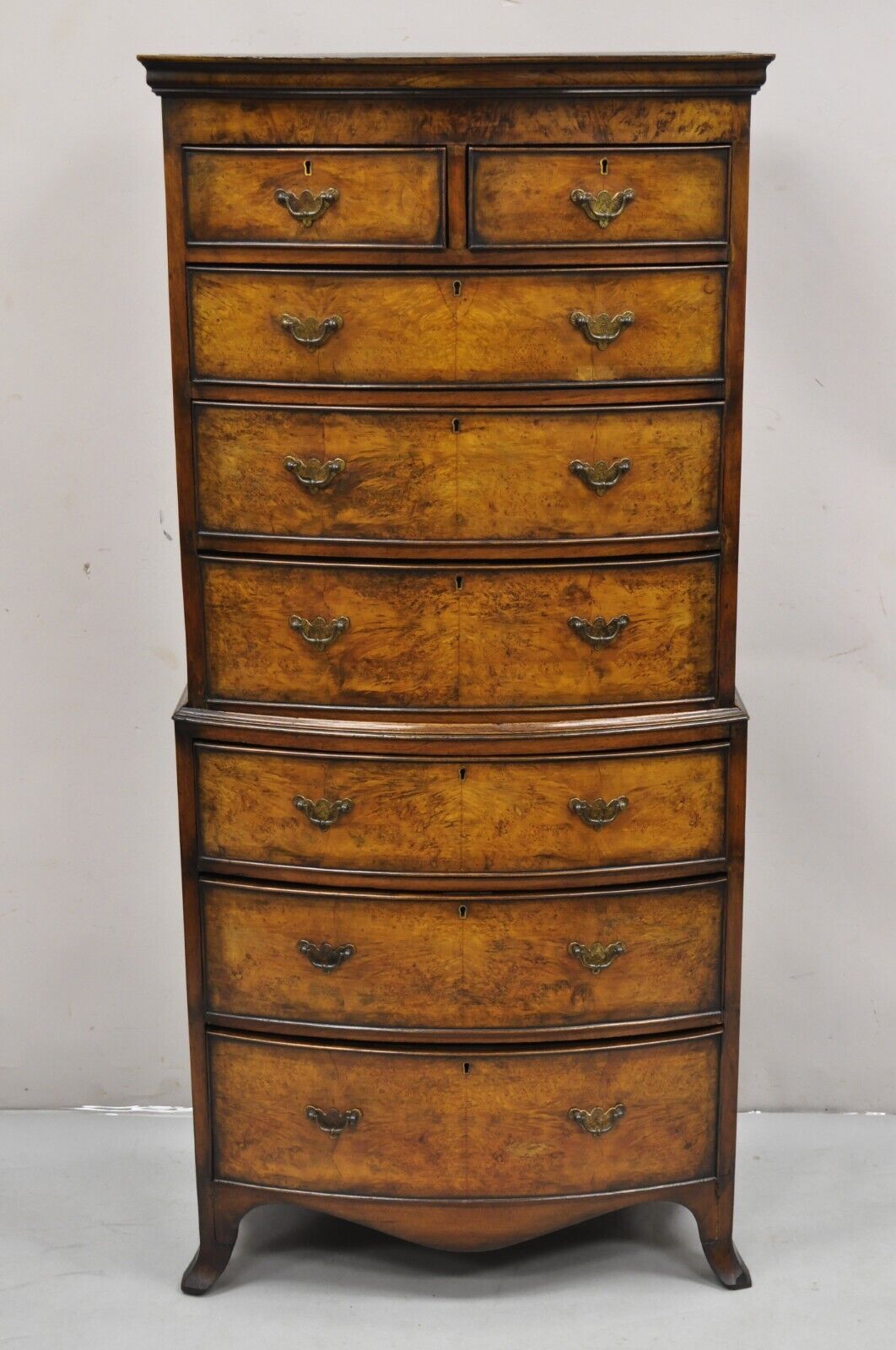 19th C English George II Burl Walnut Chest on Chest Dresser Chest of 8 Drawers