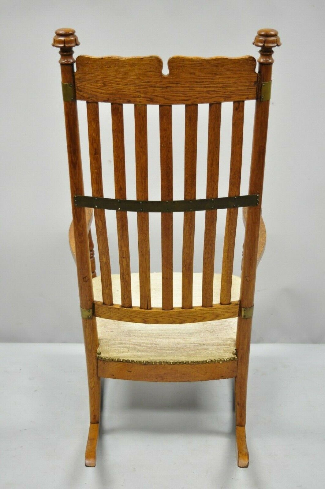 Antique Victorian Oak Wood Arts & Crafts Rocker Rocking Chair with Brass Accents