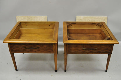 Pair of Mid Century Modern Lane Style Walnut & Travertine One Drawer End Tables