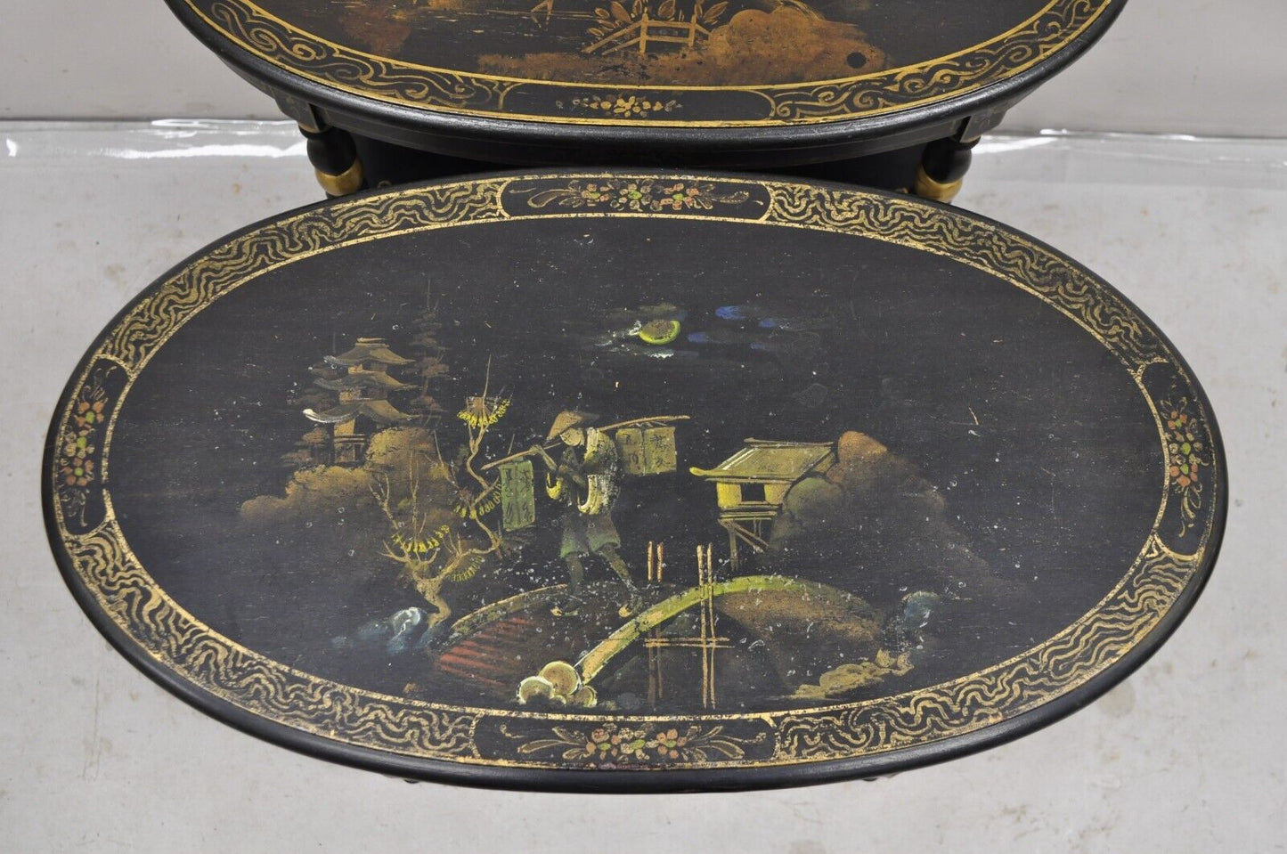 Vintage Chinoiserie Black Painted Oval 3 Tier Side Tables by Yeager - a Pair