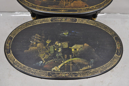 Vintage Chinoiserie Black Painted Oval 3 Tier Side Tables by Yeager - a Pair