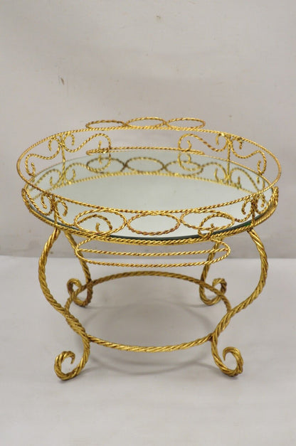 Vtg Italian Hollywood Regency Iron Gold Rope Bar Coffee Table Round Mirror Top