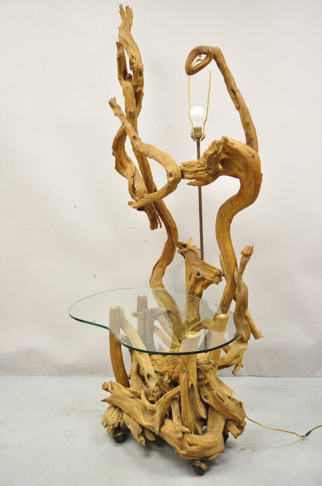 Vintage Mid Century Modern Driftwood Floor Lamp Side Table with Kidney Glass