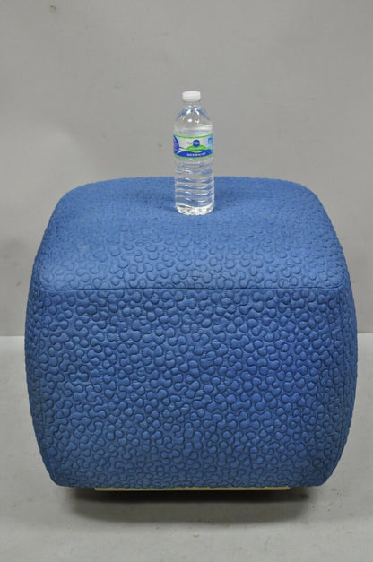 Vintage 1960s Square Pouf Ottoman Blue Stitched Fabric Rolling Casters Wheels