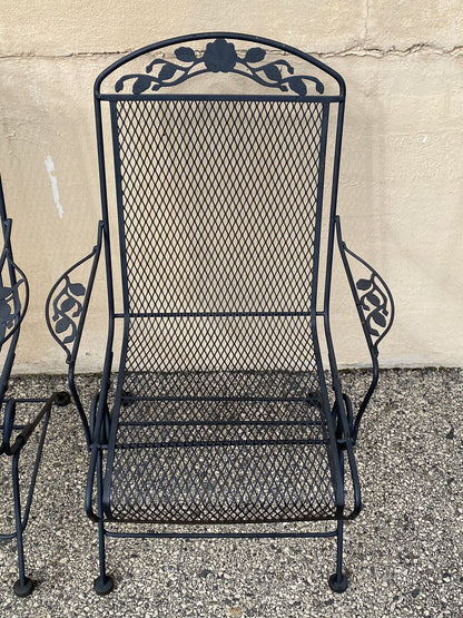 Vintage Woodard Wrought Iron Rose Pattern Springer Patio Arm Chairs - Set of 4