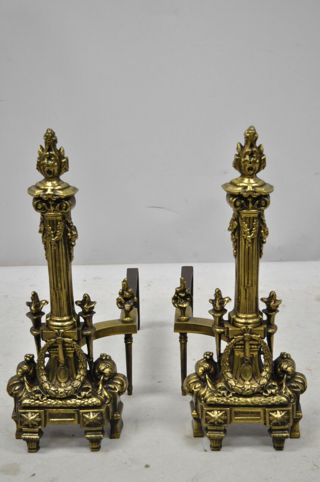 Vtg Pair French Empire Brass Bronze Column and Flame Finial Fireplace Andirons