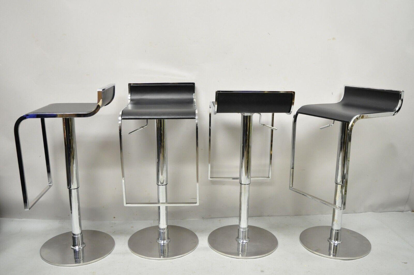 Modern Chrome and Steel Black Leather Adjustable Swivel Barstools - Set of 4