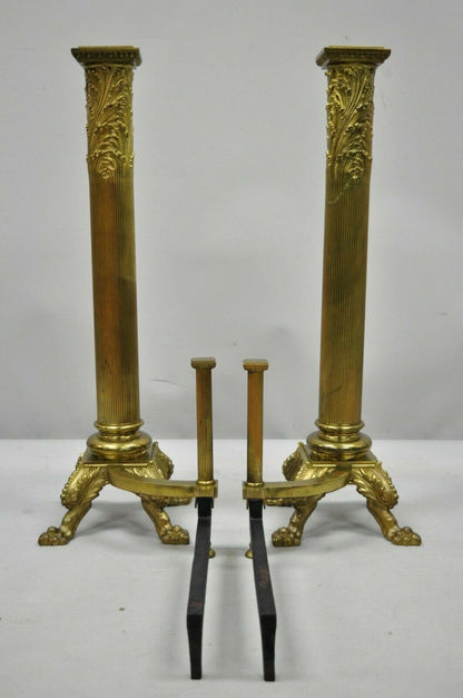 Large Pair 19th C. 32" Bronze French Empire Paw Foot Column Fireplace Andirons