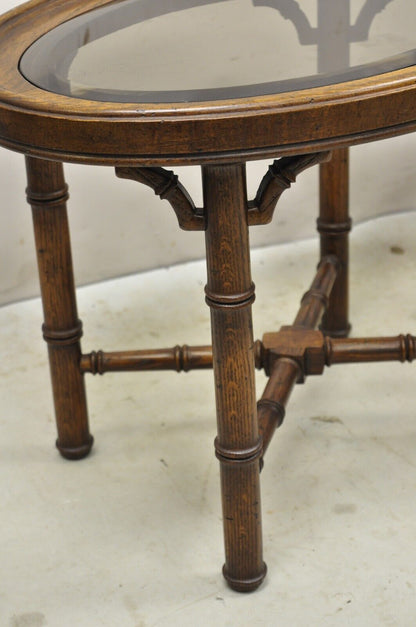 Vtg Faux Bamboo Chinese Chippendale Style Oval Small Glass Top Side Table - Pair