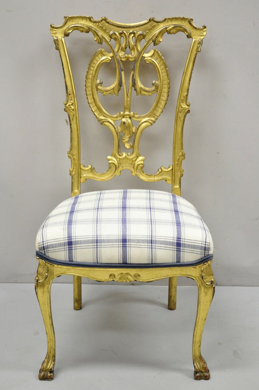 Antique Georgian Chippendale Gold Giltwood Carved Paw Feet Accent Side Chair
