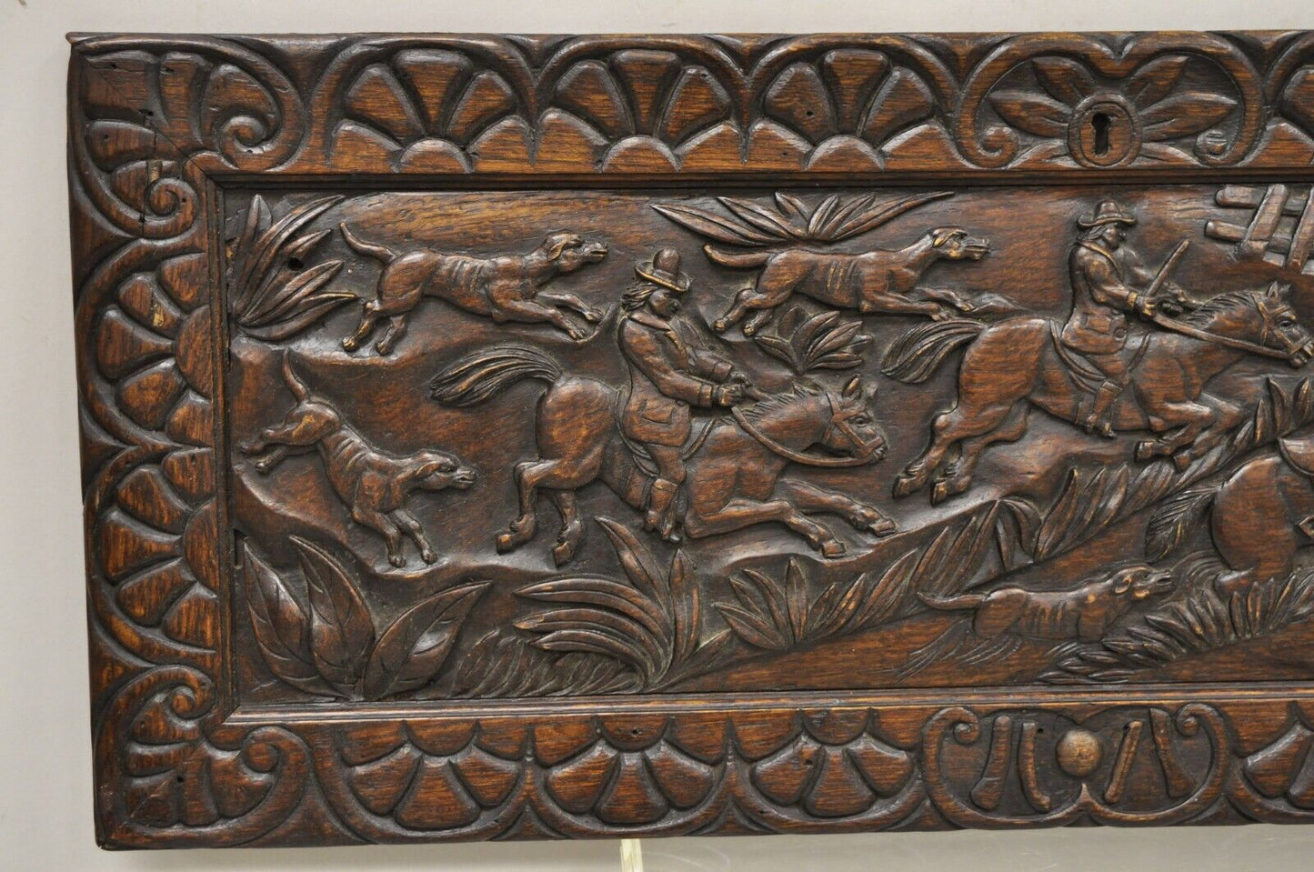 Antique Oak Jacobean Relief Carved Hunt Scene Architectural Wall Panel Plaque