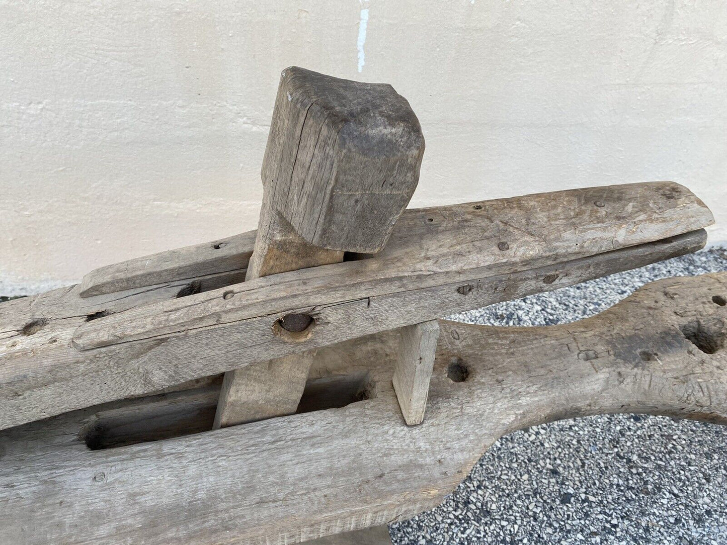 Antique Primitive Wooden Carpenters Shaving Shave Horse Long Work Bench Clamp