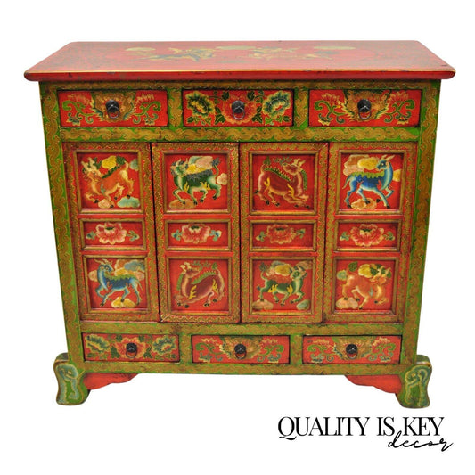 Tibetan Red and Green Hand Painted Wooden Buffet Cabinet Chest w/ Horse & Dragon