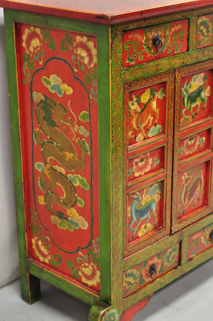 Tibetan Red and Green Hand Painted Wooden Buffet Cabinet Chest w/ Horse & Dragon