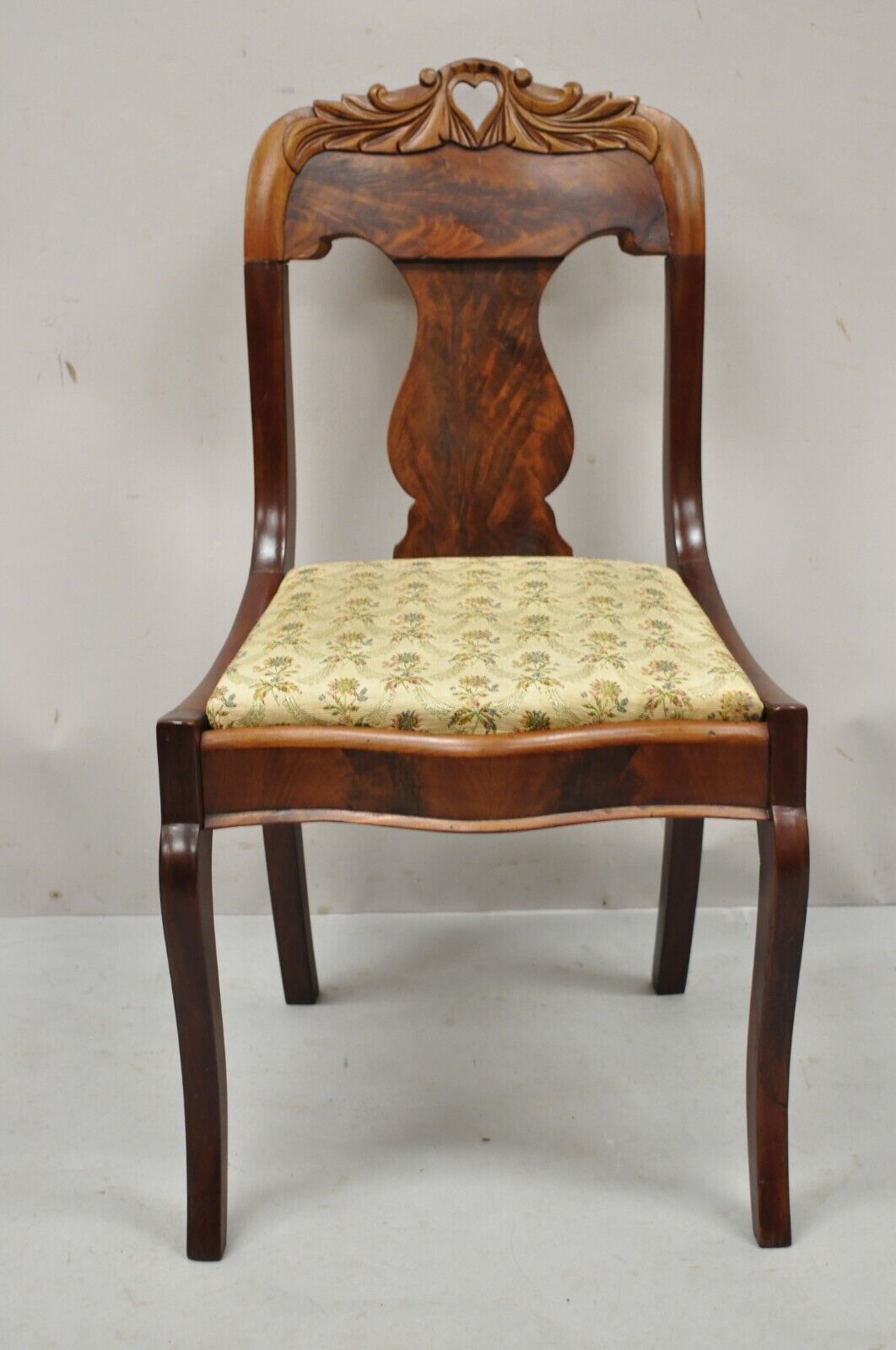 Antique American Empire Victorian Crotch Mahogany Carved Accent Side Chair