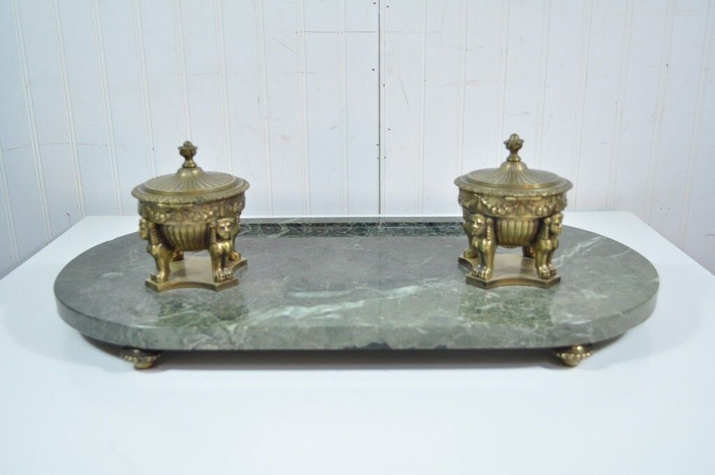 Antique French Empire Styl Figural Bronze Green Marble Double Inkwell Neoclassic