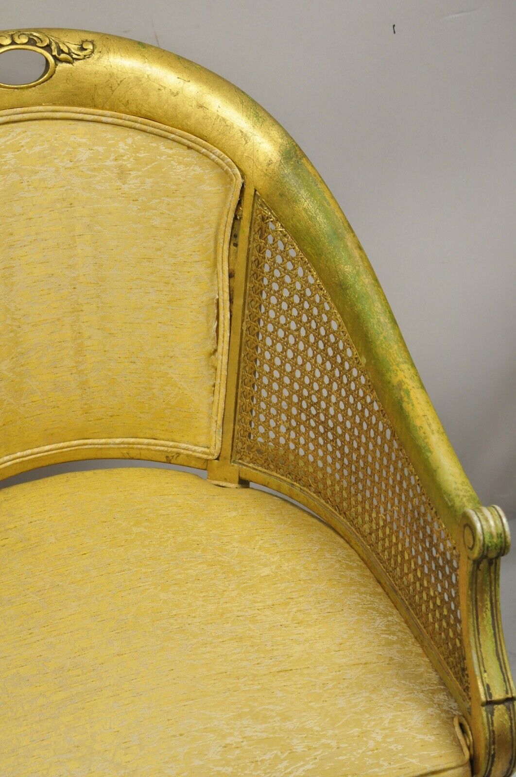 French Hollywood Regency Gold Gilt Barrel Back Cane Lounge Chairs - a Pair