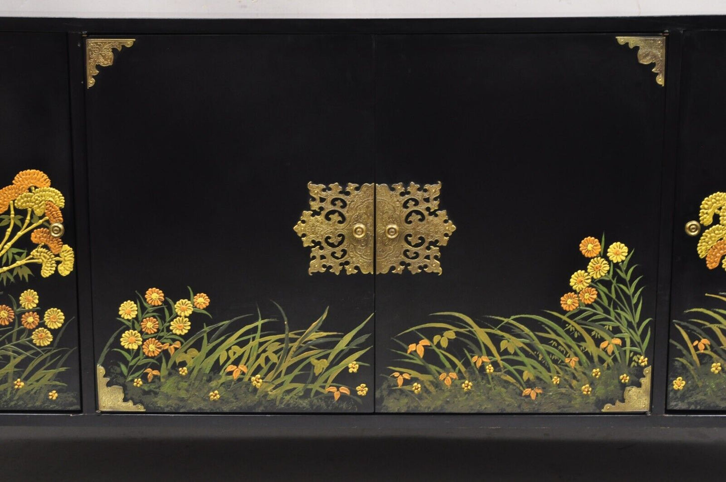 Vintage Chinoiserie Black Lacquer Hand Painted Floral Credenza Cabinet Sideboard