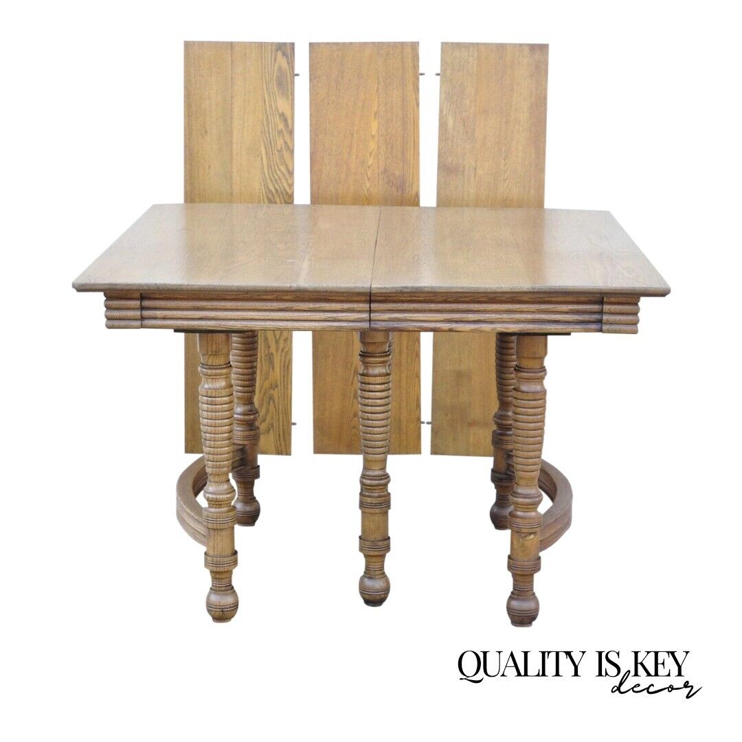 Antique American Victorian Oak Wood Square Extension Dining Table with 3 Leaves