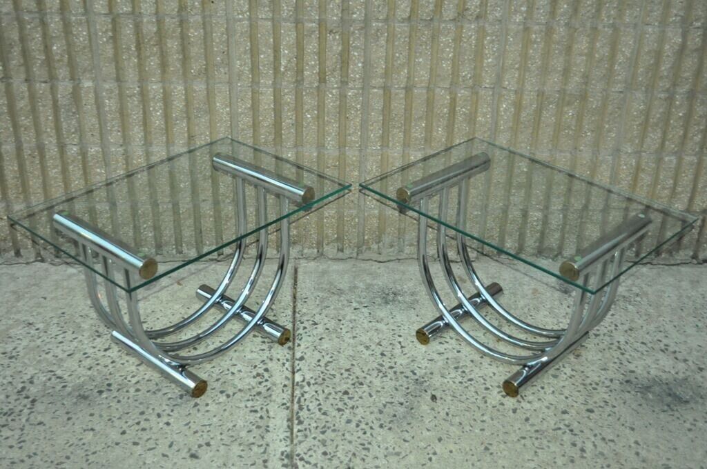 Vintage Mid Century Modern Chrome Brass Glass End Tables Romeo Rega Style a Pair